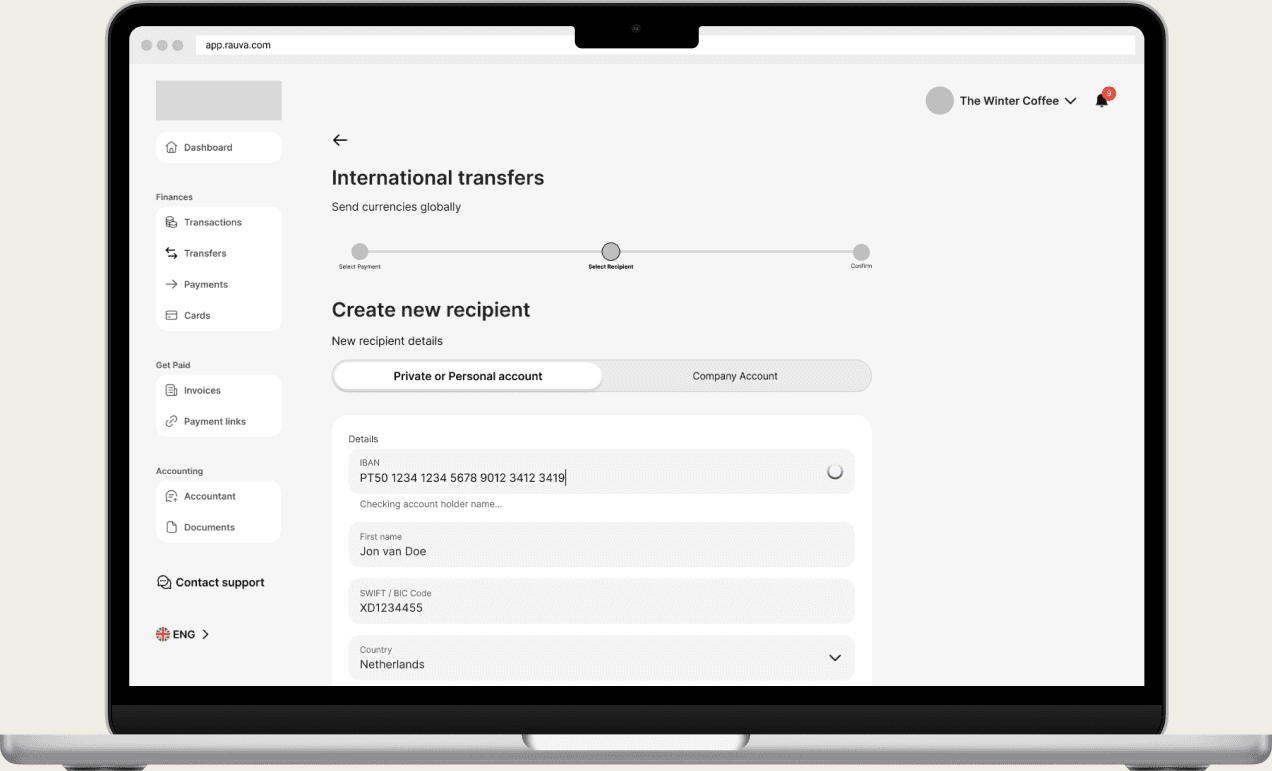 Rauva international transfer flow showing the create recipient step with IBAN validation