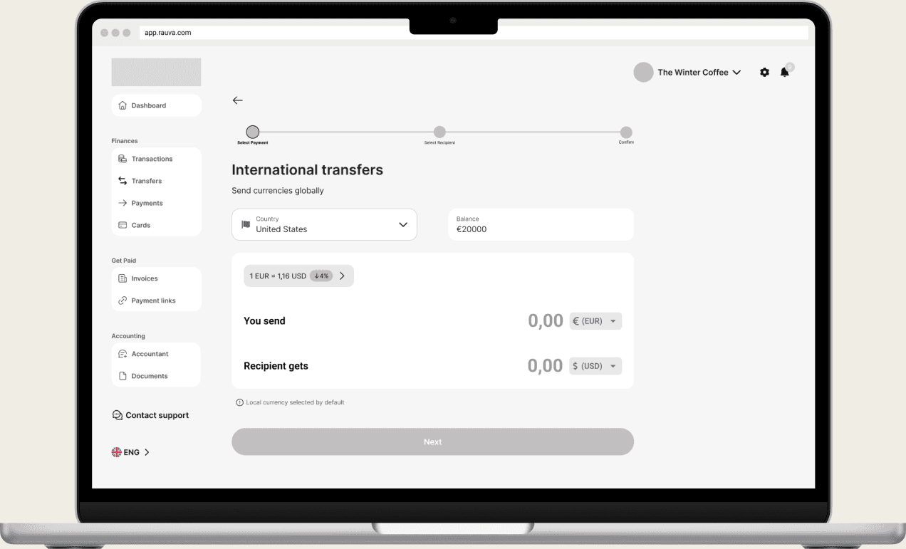 Rauva international transfer flow showing the select payment step with a three-step progress bar