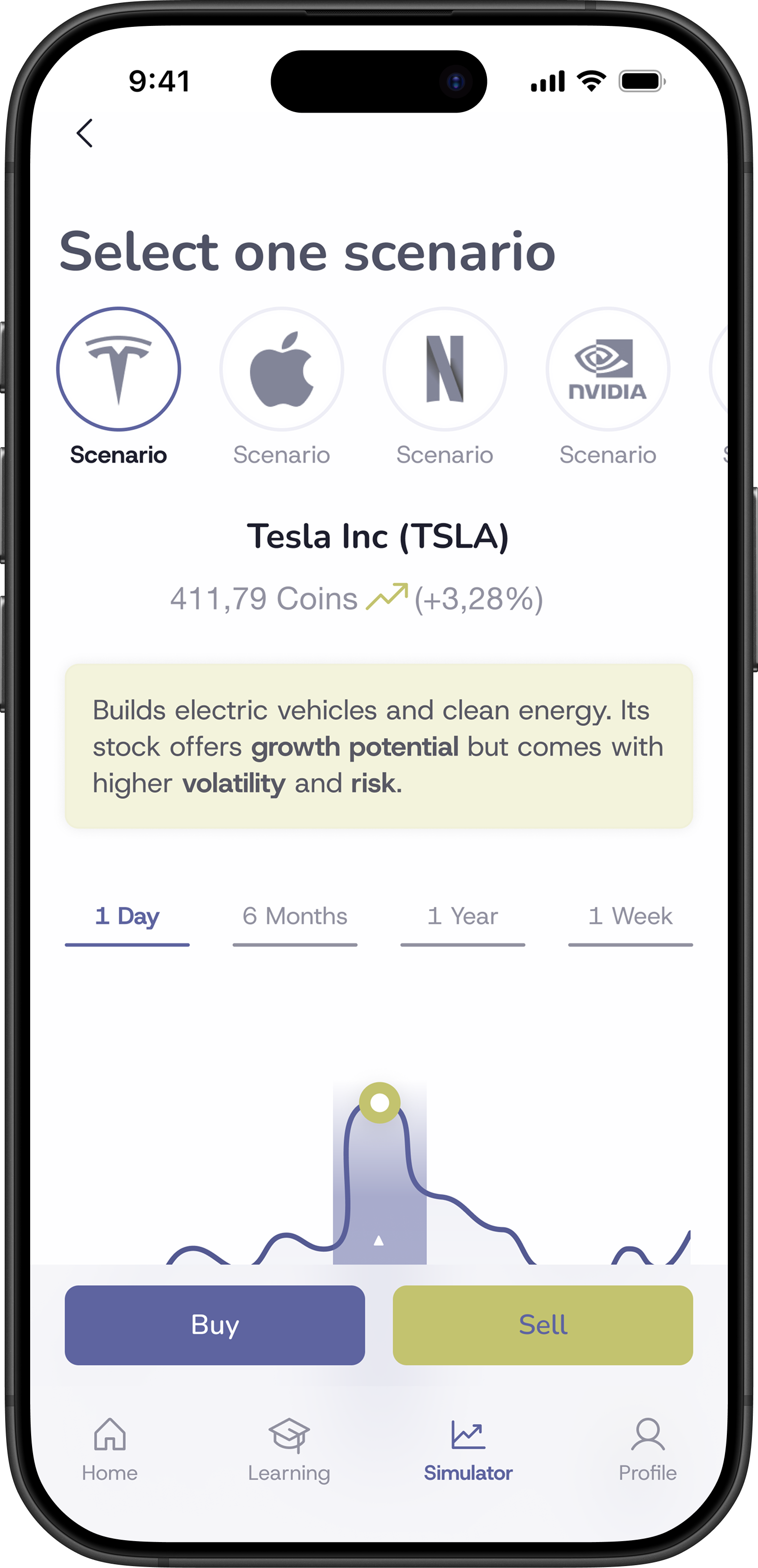 Easy Peasy app screen: Scenarios