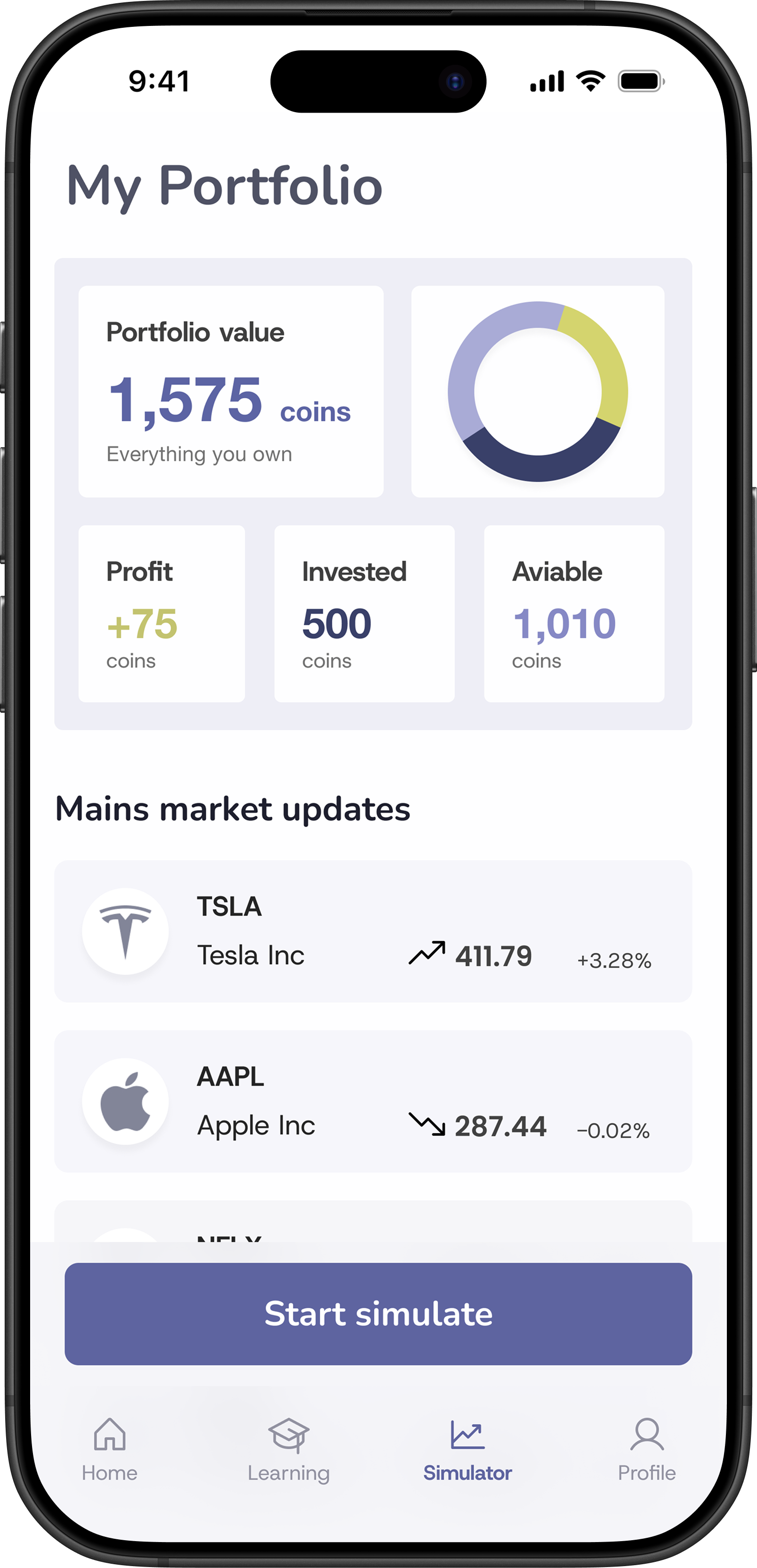 Easy Peasy app screen: Simulator